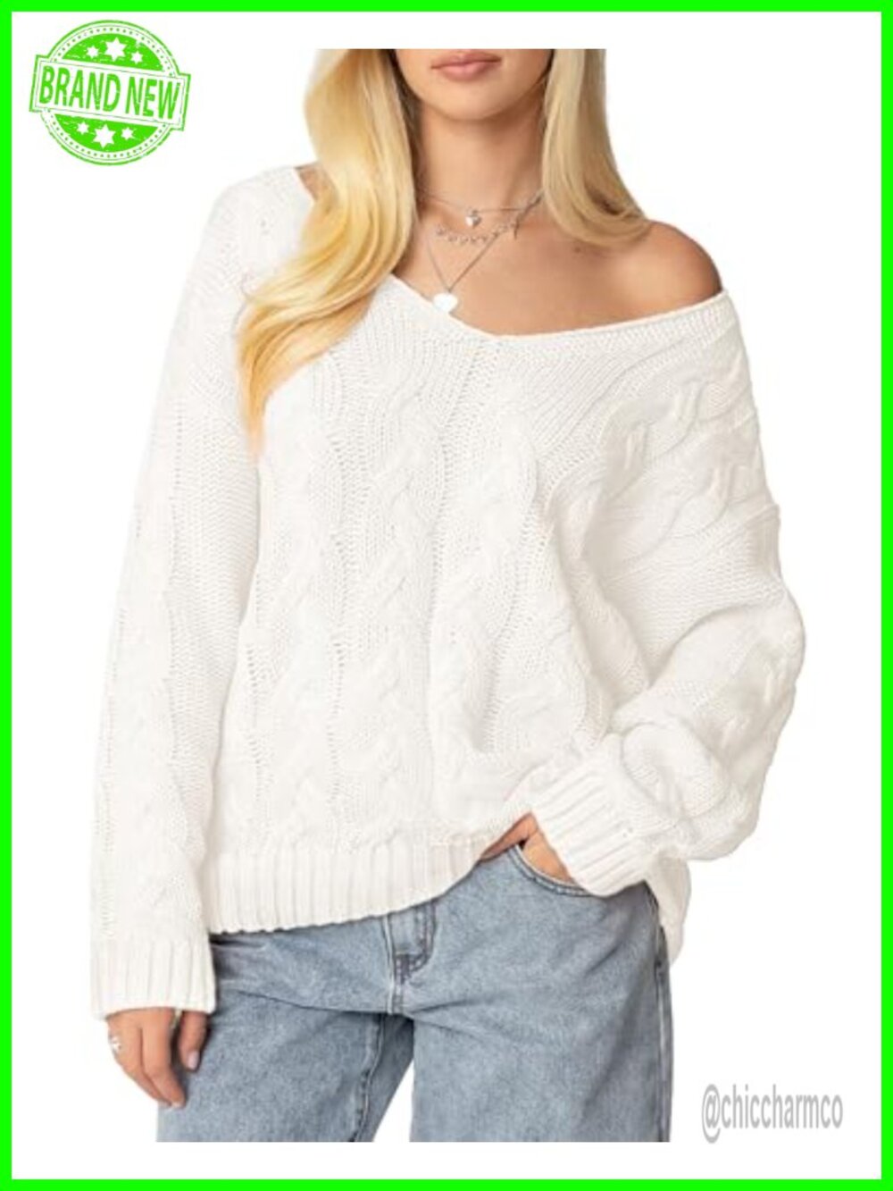 Oversized Cable Knit V-Neck Off Shoulder Sweater Pullover